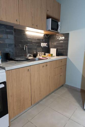 a kitchen with wooden cabinets and a sink at Urban Maisons in Athens