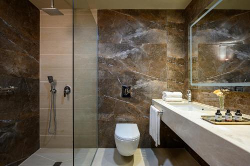 a bathroom with a shower and a toilet and a sink at Oaks Hotel  in Golan Heights