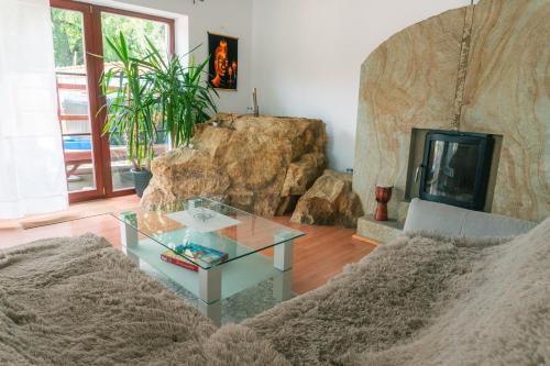 a living room with a couch and a glass table at Relaxace v blízkosti Poděbrad - Kanín in Poděbrady