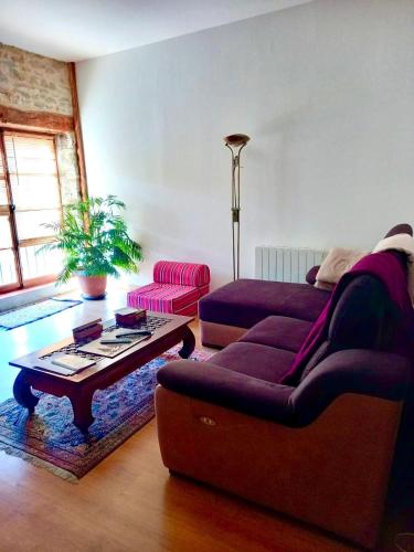 a living room with a couch and a coffee table at Chambres d'hôtes Sous L'Olivier in Trausse