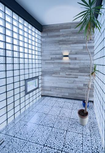 a room with a plant in a pot next to a wall at Hotel Schmidt garni in Essen