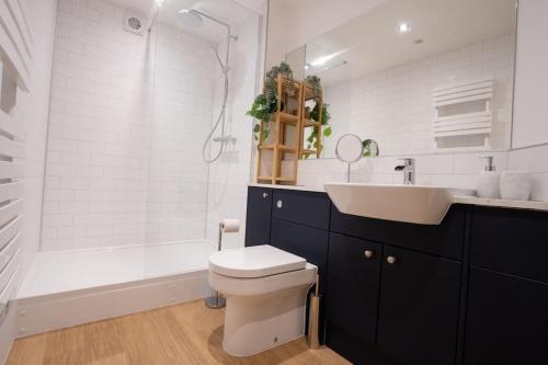 HassopにあるMonsal Trail Apartment B, Bakewellの洗面台、トイレ、浴槽を備えたバスルーム