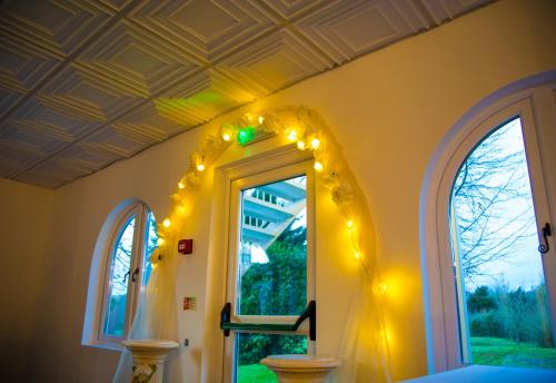 a bedroom with a ceiling with lights and a mirror at Gray Manor Hotel in Andover