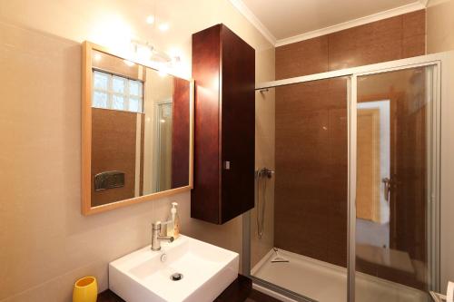 a bathroom with a sink and a shower at Bahia's House in Salir de Porto