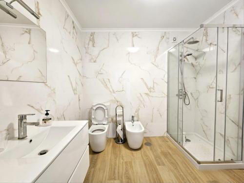 een badkamer met een wastafel, een toilet en een douche bij Esperança House 1 in Maia