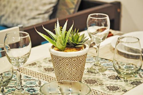 a table with wine glasses and a potted plant on it at Alojamiento en Ushuaia - Mirador del Beagle in Ushuaia