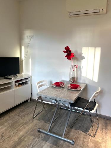 une table à manger avec deux chaises et une télévision dans l'établissement Studio tout équipé avec chambre indépendante, à Aix-les-Bains