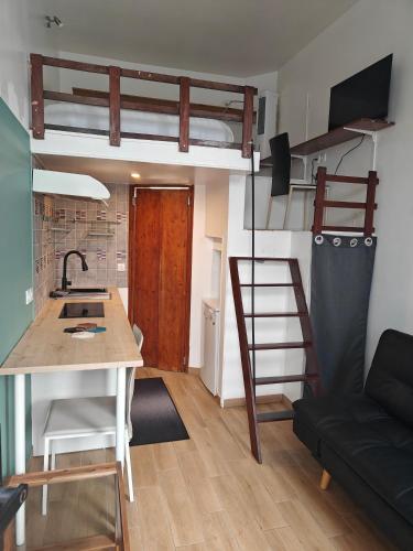 a small room with a kitchen and a loft bed at Chez Nahiko STUDIO Paris Massy Palaiseau in Palaiseau