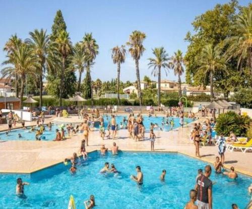un groupe de personnes dans une piscine d'un complexe hôtelier dans l'établissement MOBIL HOME n 2 TOUT CONFORT ST CYPRIEN 66, à Saint-Cyprien