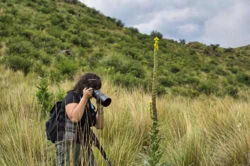 a woman taking a picture of a plant with a camera at Estancia Altos del Durazno in Estancia Grande