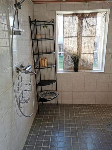 a shower in a bathroom with a shelf and a window at Villa Helena in Naantali