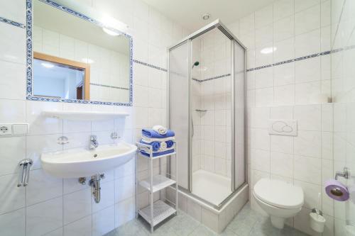 a bathroom with a shower sink and a toilet at Amtshaus in Tux