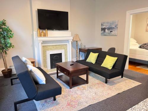 a living room with a couch and a fireplace at G5 KING BED central location museums FREE PARKING in Richmond