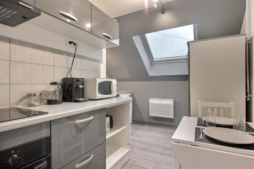 une cuisine avec un évier et un micro-ondes dans l'établissement Élégance Urbaine, à Belfort