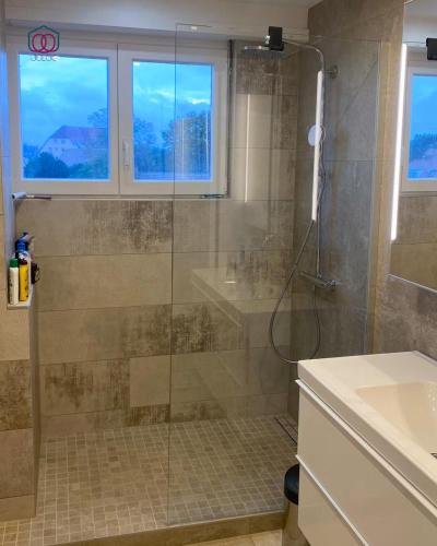 une salle de bain avec une douche avec une porte vitrée dans l'établissement L'Exclusif - Strasbourg, à Strasbourg