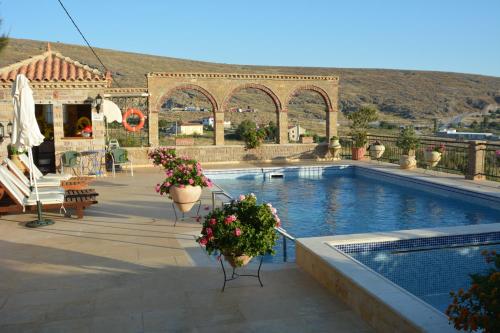 a swimming pool with potted plants on a patio at Lesvos Tower House Komninos in Sígrion