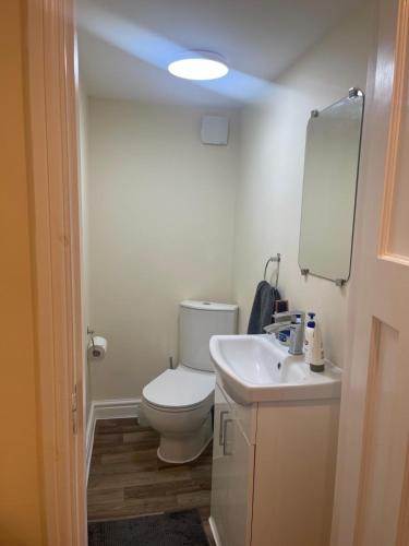 a bathroom with a white toilet and a sink at Newly Built Private Ensuite Room in Manchester