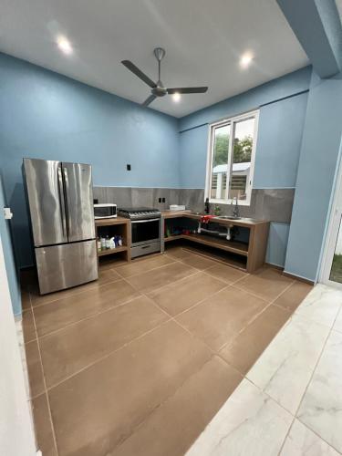 a large kitchen with blue walls and stainless steel appliances at Casa Cristina Mamá Regañona in Bahías de Huatulco