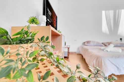 a bedroom with two beds and potted plants at 15min Malpensa - Casa x4 con self check-in in Busto Arsizio
