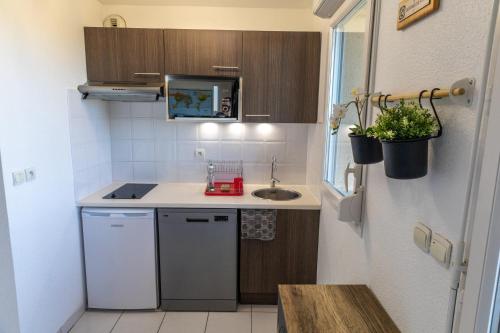 une petite cuisine avec un évier et un comptoir dans l'établissement Le Beluga - Escale confort proche Airbus, à Colomiers