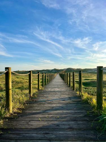 a wooden pathway through a field with a blue sky at Azurara Guesthouse in Azurara