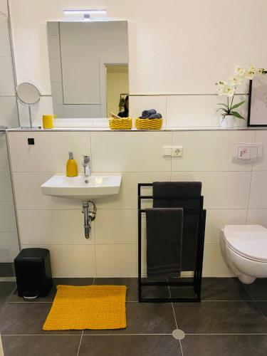 a bathroom with a sink and a toilet and a mirror at TuaCasa - Gemütliches Souterrain Apartment in Lippstadt