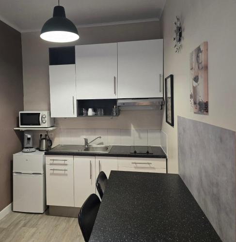 une cuisine avec des armoires blanches et un comptoir noir dans l'établissement studio Le relax, à Roncq