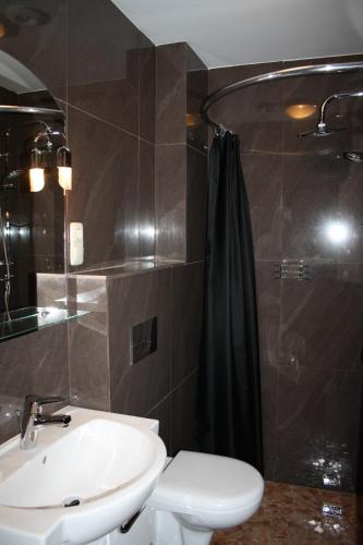 a bathroom with a sink and a shower and a toilet at Der Gutschmecker Bad Segeberg in Bad Segeberg