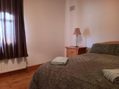 a bedroom with a bed and a lamp and a window at Room 4, Williamstown, Ireland in Crumlin