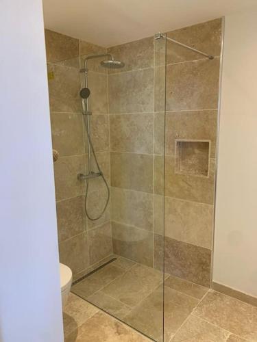 une salle de bain avec une douche en verre et des toilettes dans l'établissement Appartement avec vue mer exceptionnelle, à Cavalaire-sur-Mer