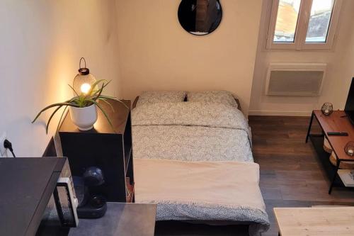 une chambre avec un lit et une table avec une plante dans l'établissement Grand Studio Cosy au Cœur de Montpellier, à Montpellier