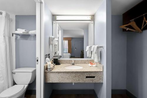 a bathroom with a sink and a toilet and a mirror at Brandywine Valley Inn SureStay Plus by Best Western in Wilmington