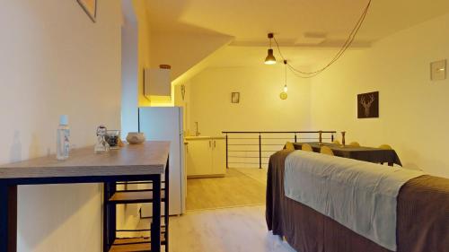 Cette chambre comprend un lit, une table et une cuisine. dans l'établissement Le Nid Caché Mulhouse, à Mulhouse