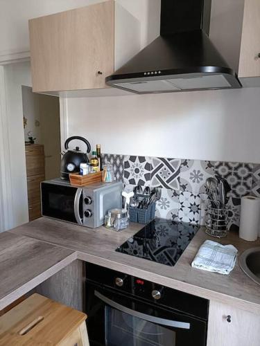Il comprend une cuisine équipée d'une cuisinière. - un four à micro-ondes dans l'établissement Agréable studio - WiFi, à Dijon