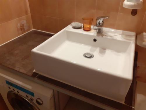 La salle de bains est pourvue d'un lavabo blanc et d'un lave-linge. dans l'établissement SainT LARY SOULAN, à Saint-Lary-Soulan