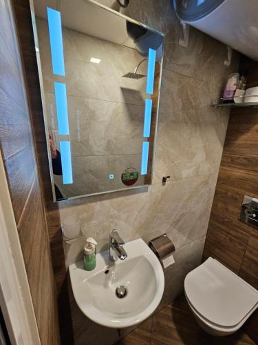 a bathroom with a sink and a toilet and a mirror at Hot Spot Studio in the center in Sofia