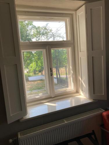 an open window with a view of a yard at A kis parasztház in Kékesd