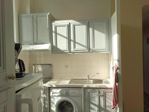 une cuisine avec un évier et une machine à laver dans l'établissement Villa mexiquaine, à Barcelonnette