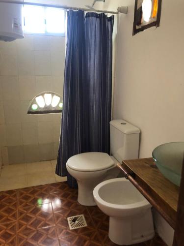 a bathroom with a toilet and a blue shower curtain at Las Alqui millas Apart in Punta Del Diablo