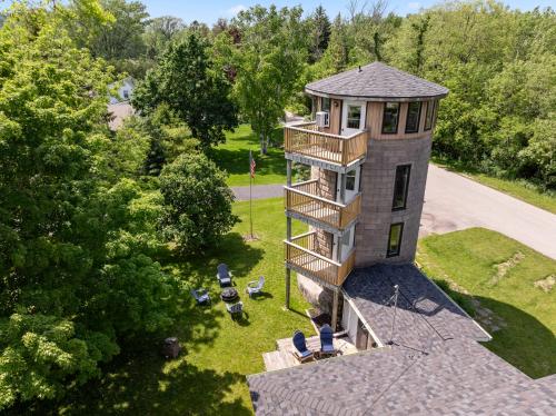 an aerial view of a tower with a balcony at Silo Guest House by Simple Life Rentals in Fish Creek