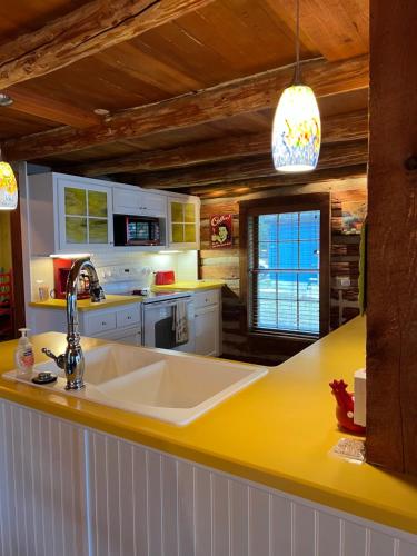 cocina con fregadero y encimera amarilla en Sunset Shores - Kangaroo Kabin #6 by Simple Life Rentals, en Baileys Harbor