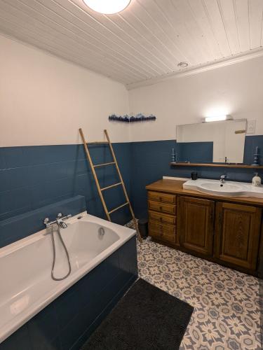une salle de bain avec une baignoire et un lavabo dans l'établissement Gîte à deux pas de Center Parcs Les Trois Forêts, à Bertrambois