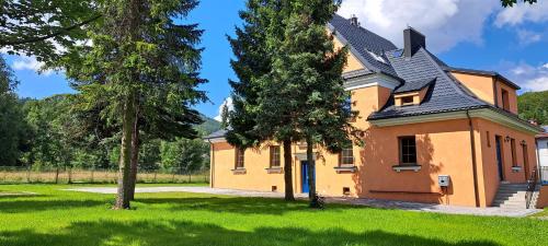 a yellow house with a black roof and two trees at Pastelowa Czantoria in Ustroń