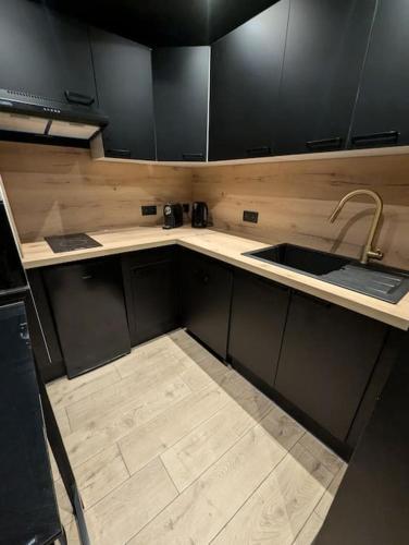 - une petite cuisine avec des placards noirs et un évier dans l'établissement Escapade Romantique au Cœur du Vercors, à Villard-de-Lans