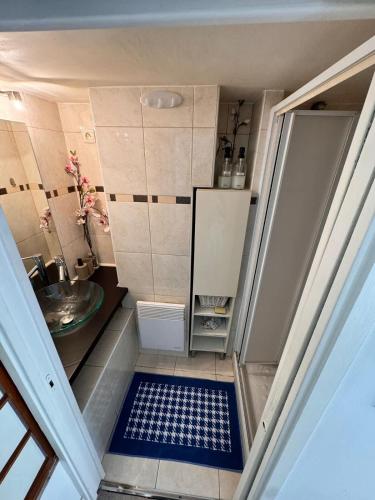 une petite salle de bain avec un lavabo et un miroir dans l'établissement Tranquil Studio with Mezzanine in Carre dOr, à Nice