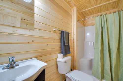 Un baño con lavabo, inodoro y ducha. en Riverfront Cabin Rental about 9 Mi to Yellowstone Lake, en Blanchardville