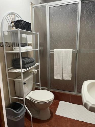 a bathroom with a toilet and a shower with towels at Sea view Apartment in Puerto Limón