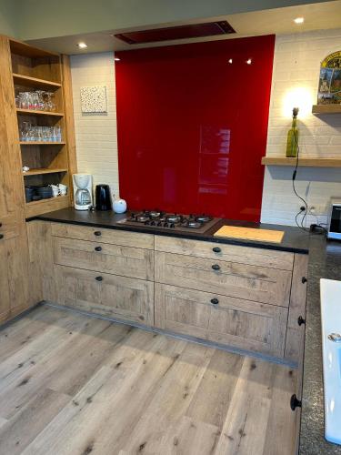 a kitchen with a stove and a red wall at 't Cravael in Meldert