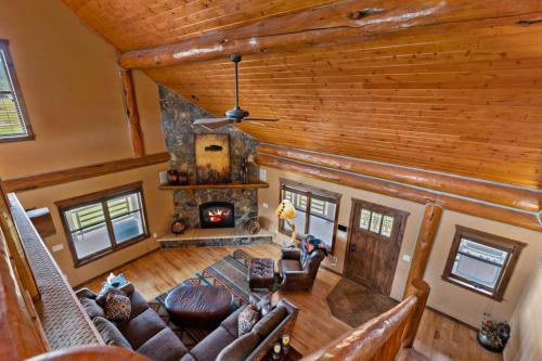 an overhead view of a living room with a fireplace at Reunion Lodge in Sturgis