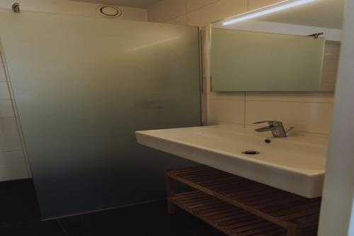 a bathroom with a white sink and a mirror at Spacious Lakeside Retreat in Uitgeest